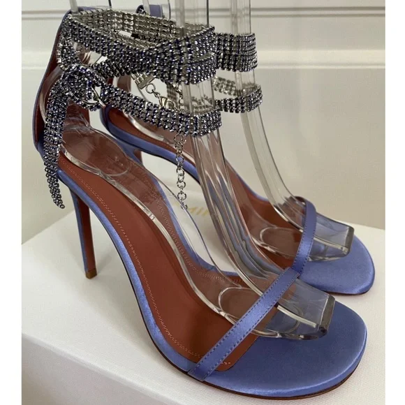 Amina Muaddi Giorgia Tanzanite Satin Crystal Ankle Wrap Sandals Pumps Heels - Picture 2 of 9